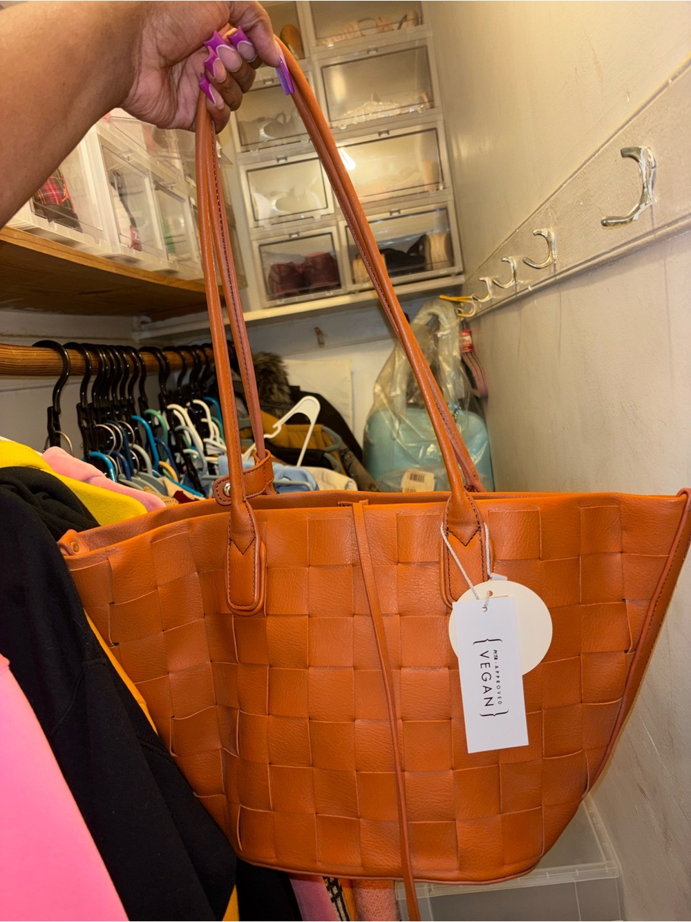 Woven Vegan Leather Tote Bag in Cognac Orange